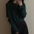 Long-sleeve Cutout Striped T-shirt Stripe - Green - One Size