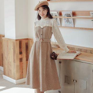 Mock Two-piece Long-sleeve Corduroy A-line Dress