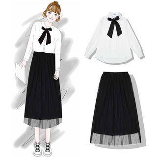 Bow Accent Blouse / Mesh Midi A-line Skirt