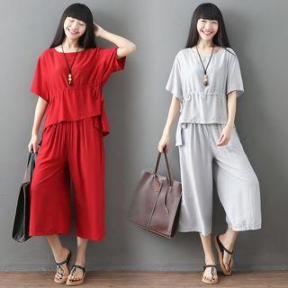 Yoga Set: Elbow-sleeve Top + Wide-leg Cropped Pants
