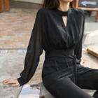 Keyhole Belted Chiffon Jumpsuit
