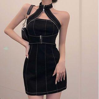 Sleeveless Halter Neck Denim Mini A-line Dress