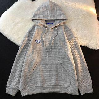 Heart Embroidered Waffle Hooded Sweatshirt