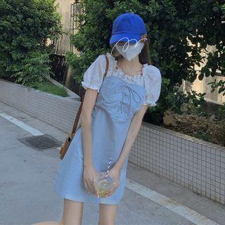Off-shoulder Cutout Short-sleeve Panel Plain Drawstring Dress