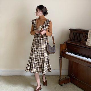 Turtleneck T-shirt / Plaid Midi A-line Overall Dress
