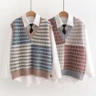 Set Of 2: Long-sleeve Plain Shirt + V-neck Color Block Knit Vest