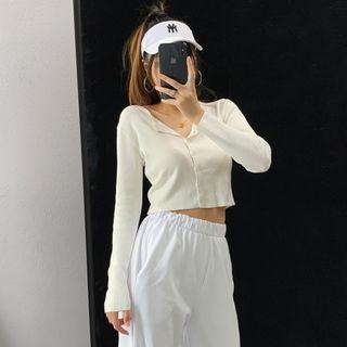Cropped Button-down Crew-neck Knit Top