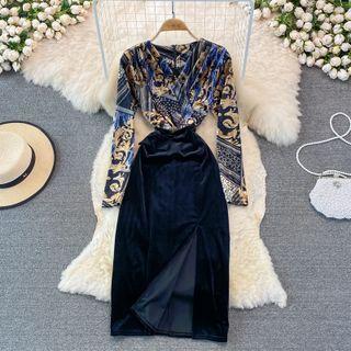 V-neck Printed Velvet Dress