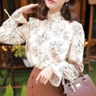 Frill-neck Beribboned-sleeve Floral Top Ivory - One Size