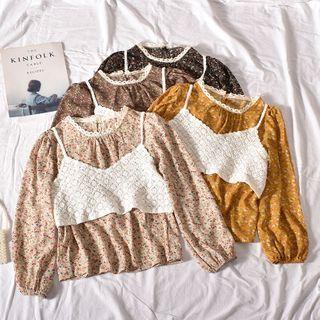 Set: Long-sleeve Floral Print Top + Lace Camisole Top