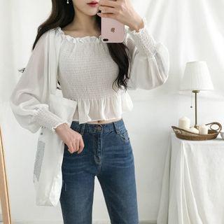 Balloon-sleeve Smocked Cropped Top
