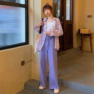 Plaid Shirt / Split Wide Leg Pants