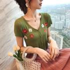 Short-sleeve Floral Embroidered Knit Top