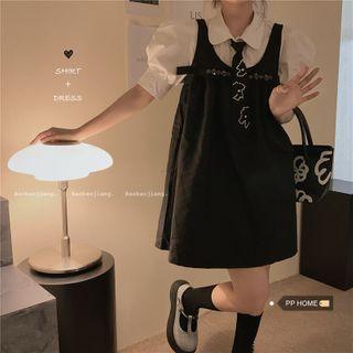 Set: Puff-sleeve Shirt + Overall Dress
