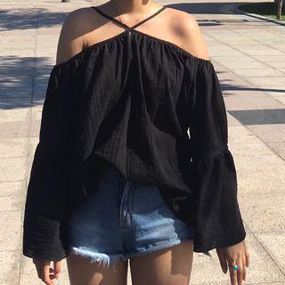 Off-shoulder Spaghetti Strap Bell-sleeve Blouse
