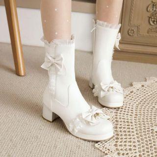 Bow Ruffle Trim Chunky Heel Short Boots