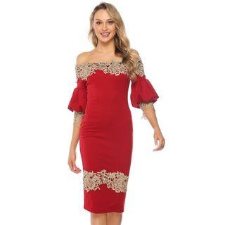 3/4-sleeve Off Shoulder Lace Panel Dress