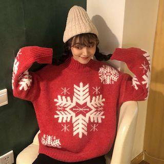 Mock-neck Snowflake Pattern Sweater Red - One Size