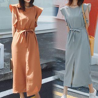 Ruffle Sleeveless Shift Dress With Sash
