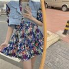 Short-sleeve Print High-waist Dress / Denim Cropped Vest