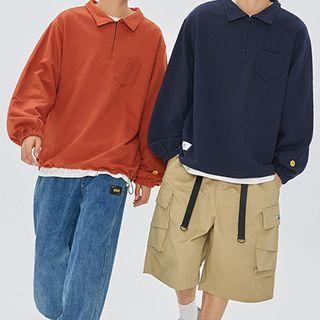 Plain Zip Long-sleeve Polo Shirt