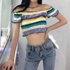 Short-sleeve Off Shoulder Striped Knit Top As Shown In Figure - One Size