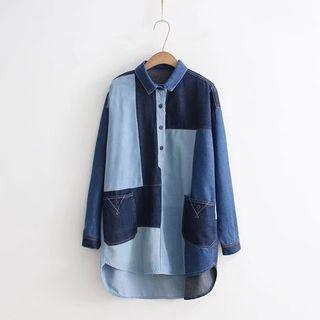 Color Block Denim Shirt Blue - One Size