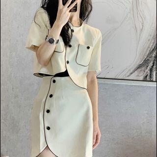Set: Short-sleeve Cropped Top + Asymmetrical Skirt