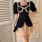 Short-sleeve Mesh Ruffled Blazer / A-line Skirt