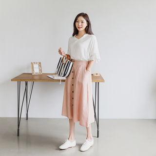 Buttoned A-line Midi Skirt (l~xxl)