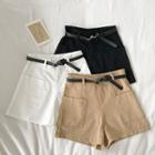 Plain High-waist Double-pocket A-line Shorts With Belt