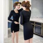 Slit Detail Long-sleeve Mini Sheath Dress