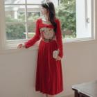 Long-sleeve Knotted Floral Print Midi A-line Dress