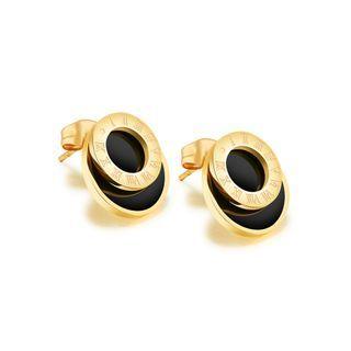 Simple And Fashion Plated Gold Roman Numerals Geometric Round 316l Stainless Steel Stud Earrings Golden - One Size