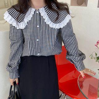 Long-sleeve Lace Check Loose-fit Blouse