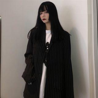 Lapel Collar Striped Button Blazer Stripe - Black - One Size