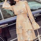 Off-shoulder Flare-sleeve Chiffon Midi Dress