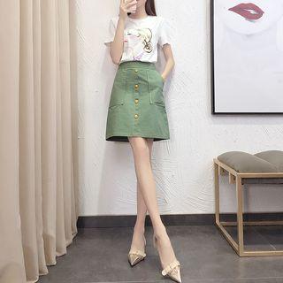 Set: Printed Short Sleeve T-shirt + Buttoned A-line Skirt