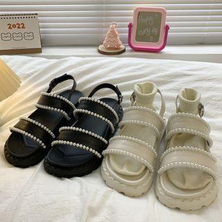 Faux Pearl Platform Slingback Sandals