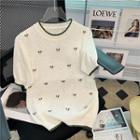 Short-sleeve Embroidered Perforated Knit Top White - One Size