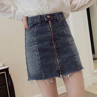 Zip Front Washed Denim Skirt