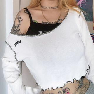 Long-sleeve Frill Trim Crop Top + Spaghetti Strap Lettering Top