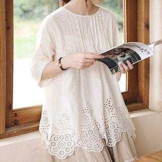 Elbow Sleeve Eyelet Oversized Blouse