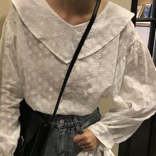 Long-sleeve Perforated Ribbon Cropped Top As Shown In Figure - One Size