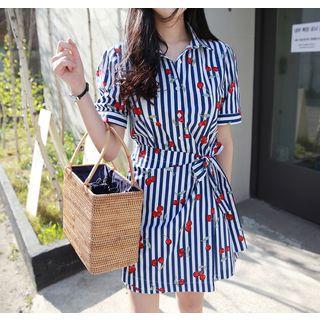 Wrap-front Striped Cherry Pattern Dress