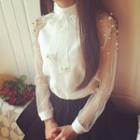 Stand-collar Bow Accent Faux-pearl Detail Chiffon Blouse