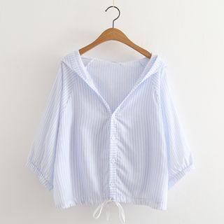 3/4-sleeve Striped Hooded Button Jacket