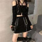 Long-sleeve Lace Trim Cold-shoulder Crop Top / Lace-up Mini Skirt