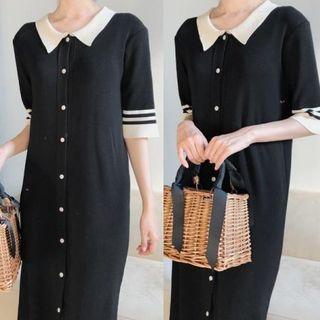 Collared Elbow-sleeve Knitted Dress Black - One Size