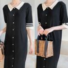 Collared Elbow-sleeve Knitted Dress Black - One Size